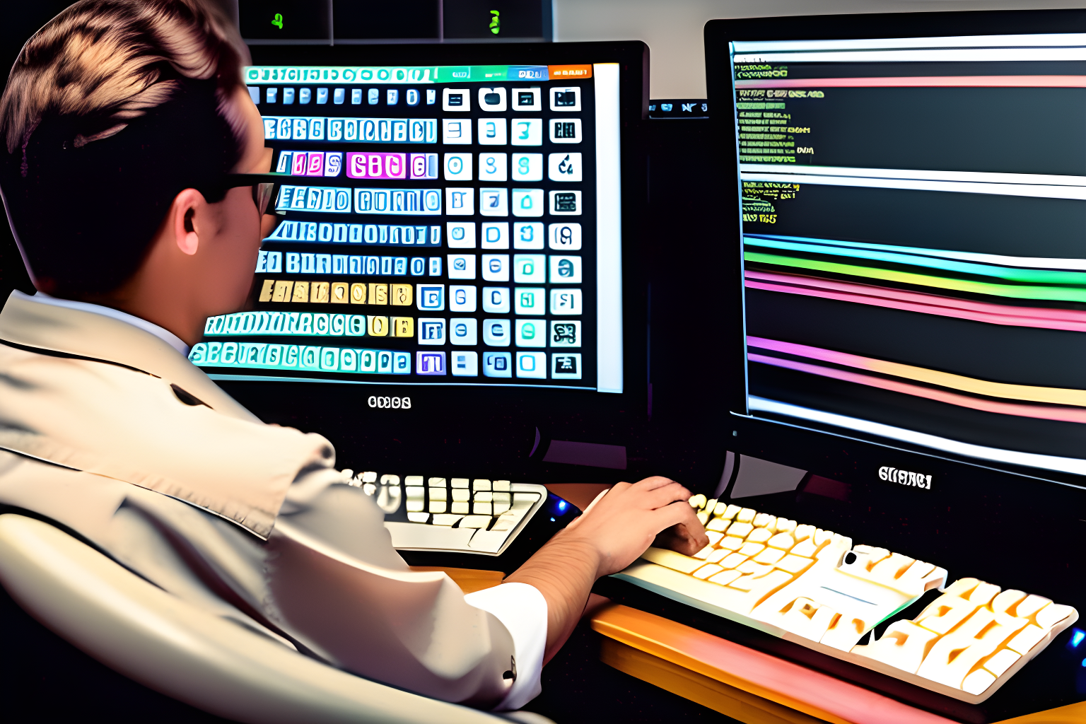 two programmers typing on a mechanical keyboard with a CRT monitor in front of them displaying a random code