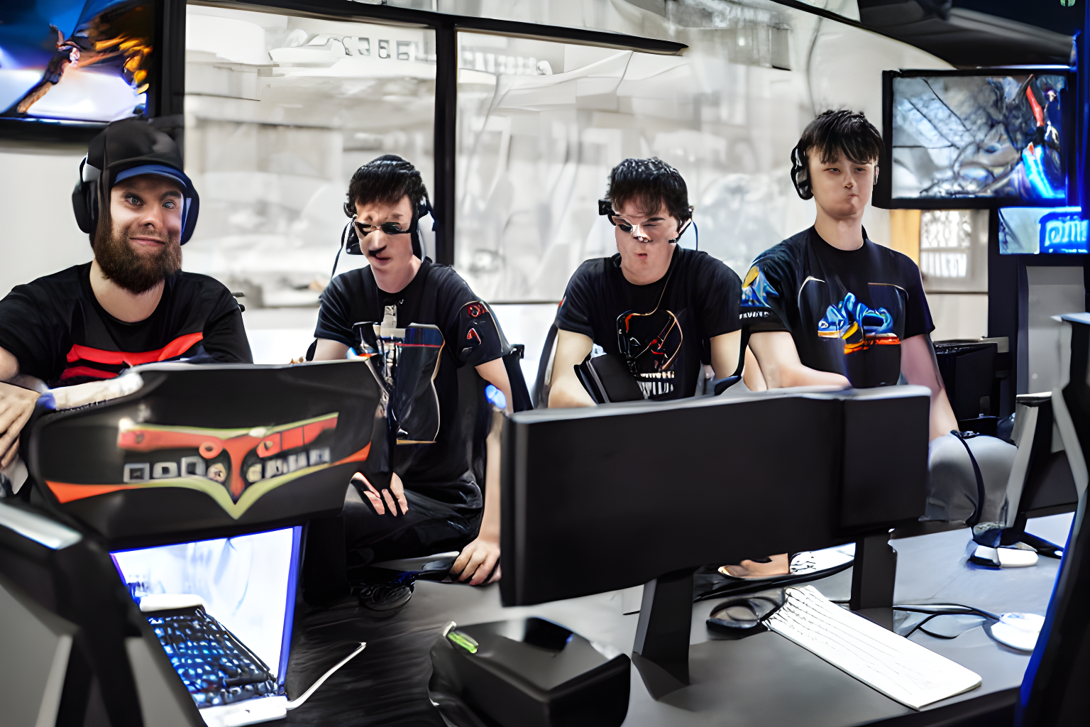 two teams of esports players hunched in front of computers sitting opposite of each other