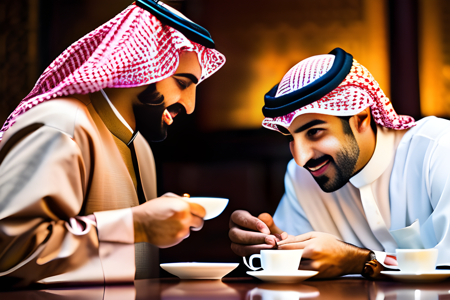 Two traditional middle eastern arabs talking to each other over tea