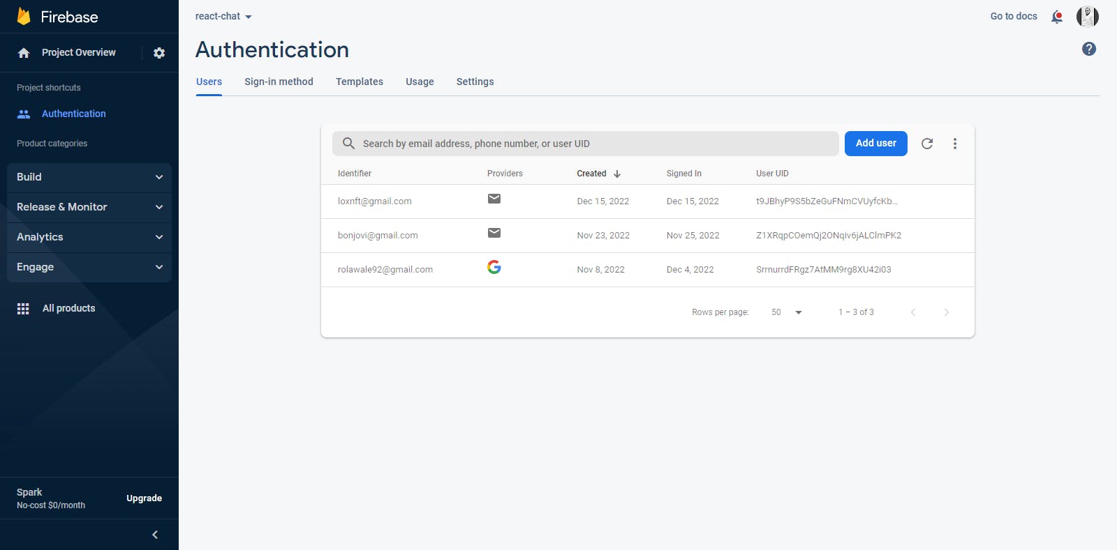 Firebase authentication users interface
