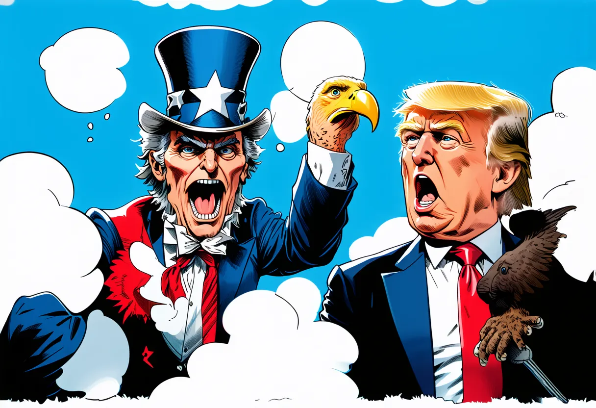 uncle Sam and an eagle yelling at Donald Trump