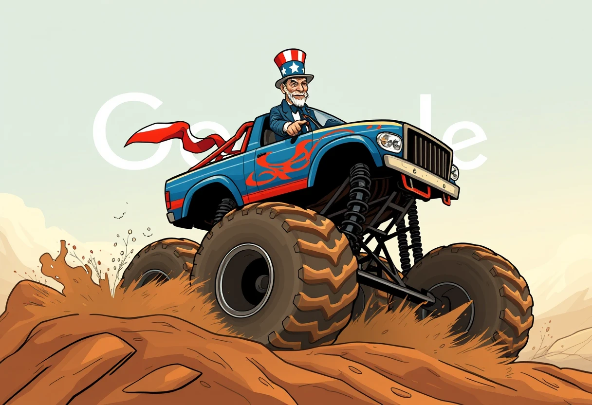 uncle sam driving a monster truck on top of the google page