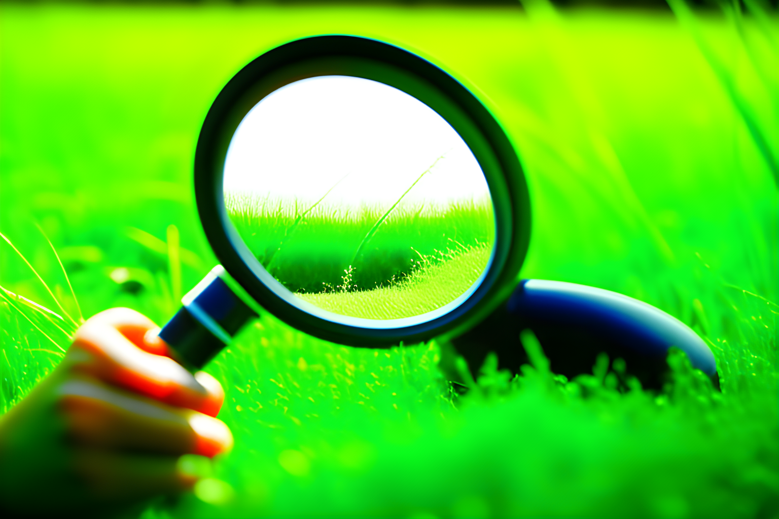 using a magnifying glass to search through grass