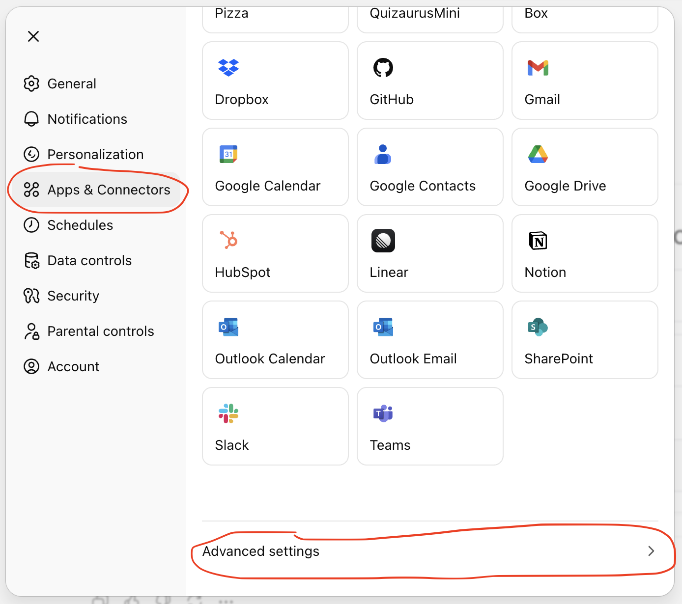 Navigating to Advanced settings.
