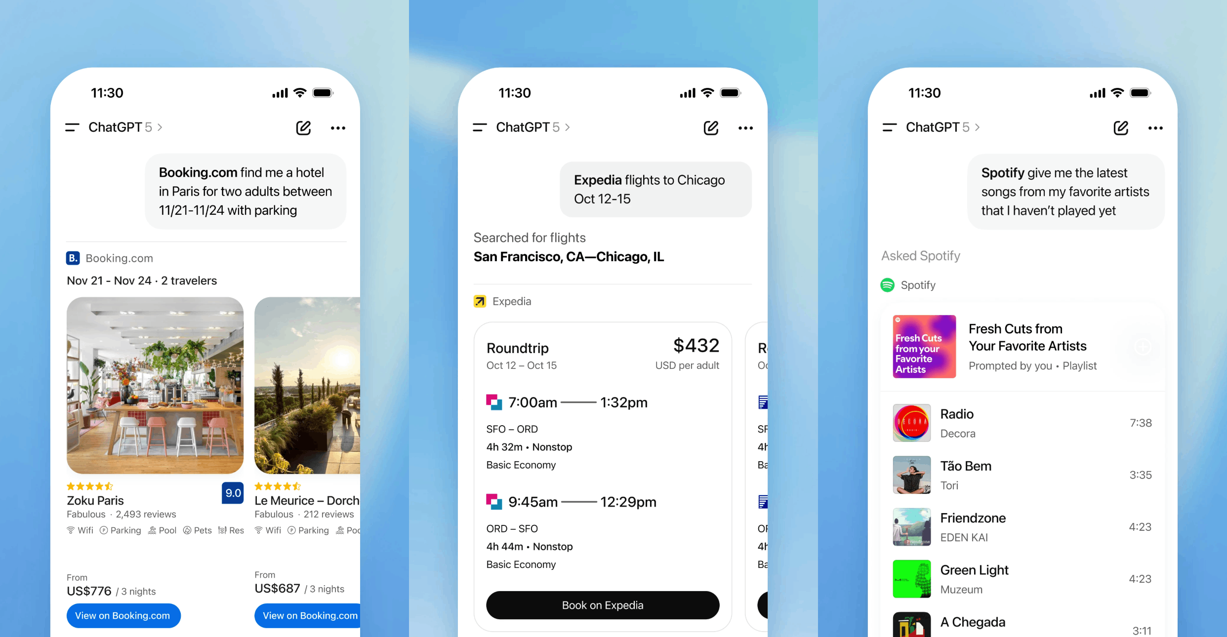 Examples of ChatGPT apps in action: Booking hotel recommendations, Expedia flight searches, and Spotify playlist suggestions.