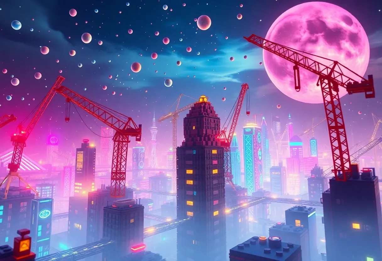 vibrant, futuristic lego land emerges from the depths, with neon lights illuminating the skyline. Amidst the bustling particles in the sky, various cranes are building some structure with bricks on top of each other.