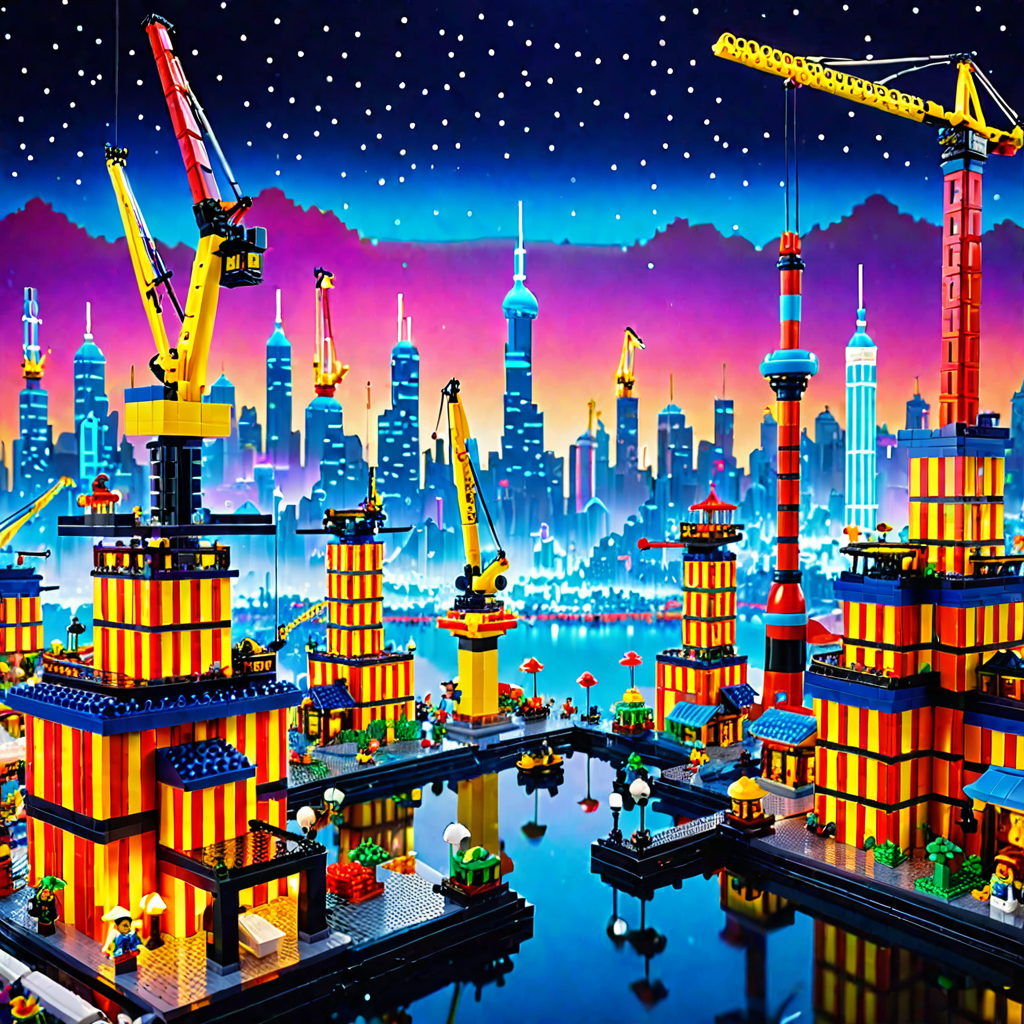 vibrant, futuristic lego land emerges from the depths, with neon lights illuminating the skyline. Amidst the bustling particles in the sky, various cranes are building some structure with bricks on top of each other.