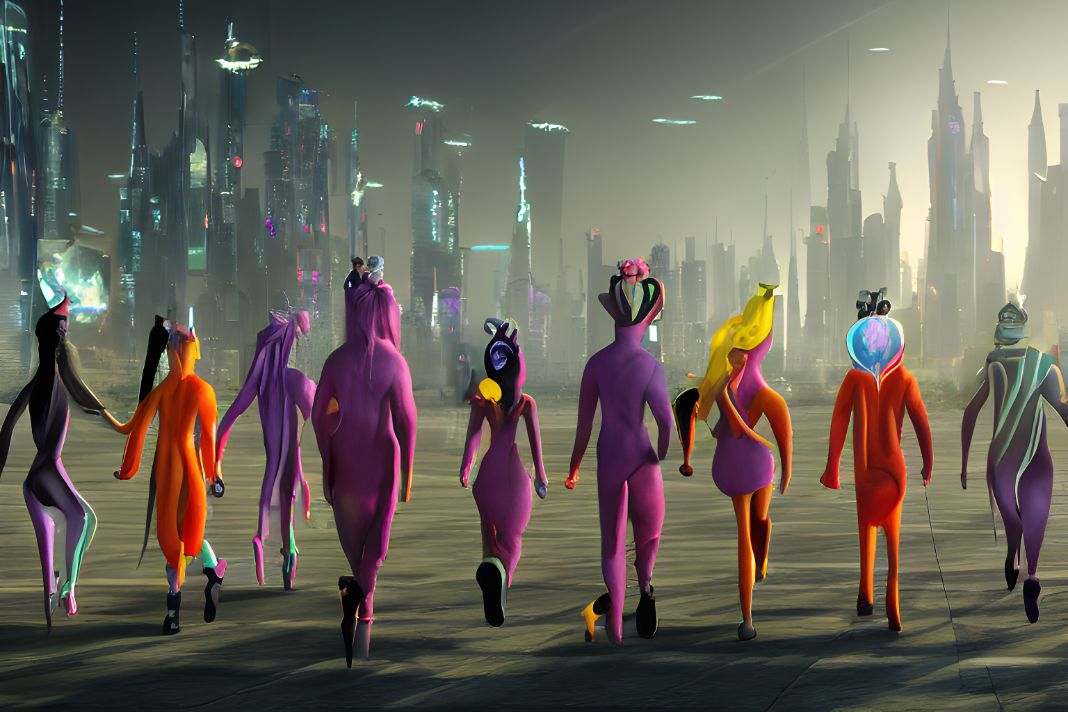 Vibrant vision of avatars walking toward a dark futuristic city in the distance