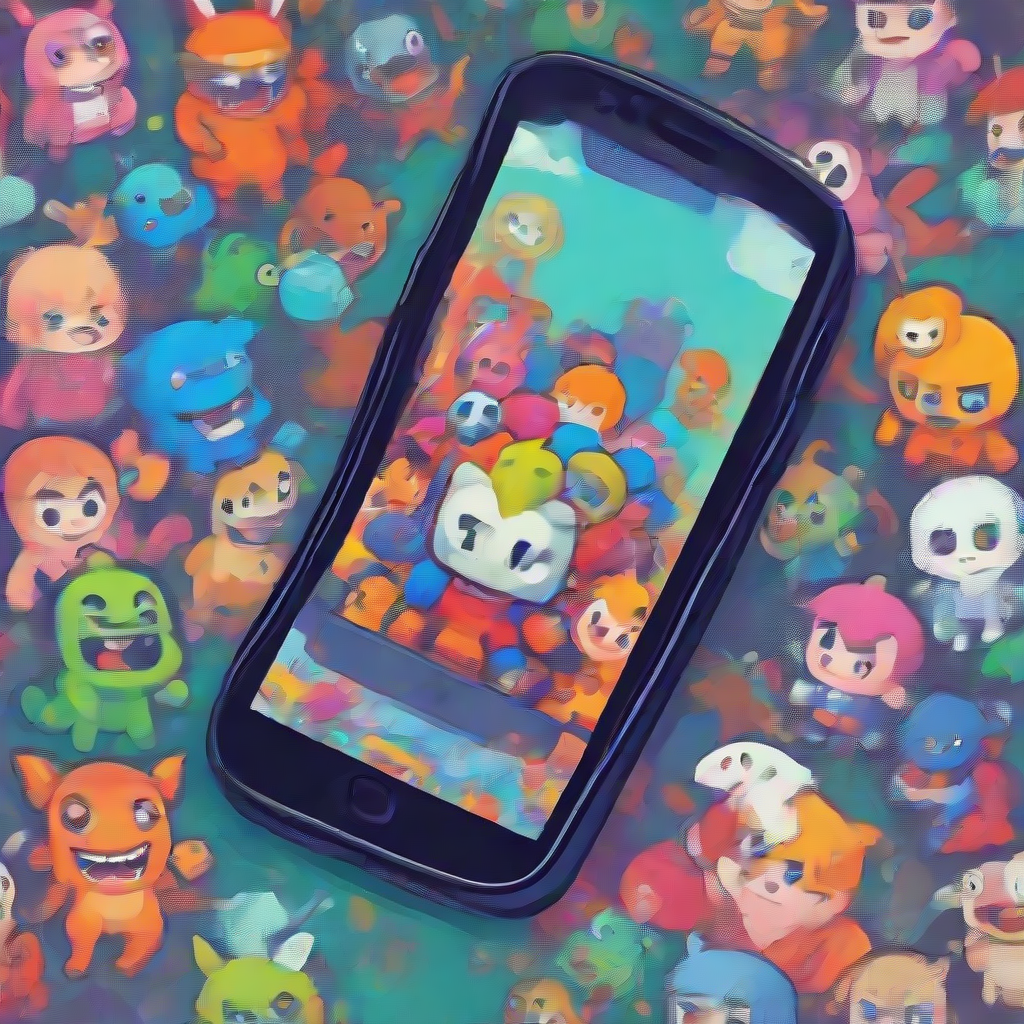 video game characters popping out of a phone screen, colorful