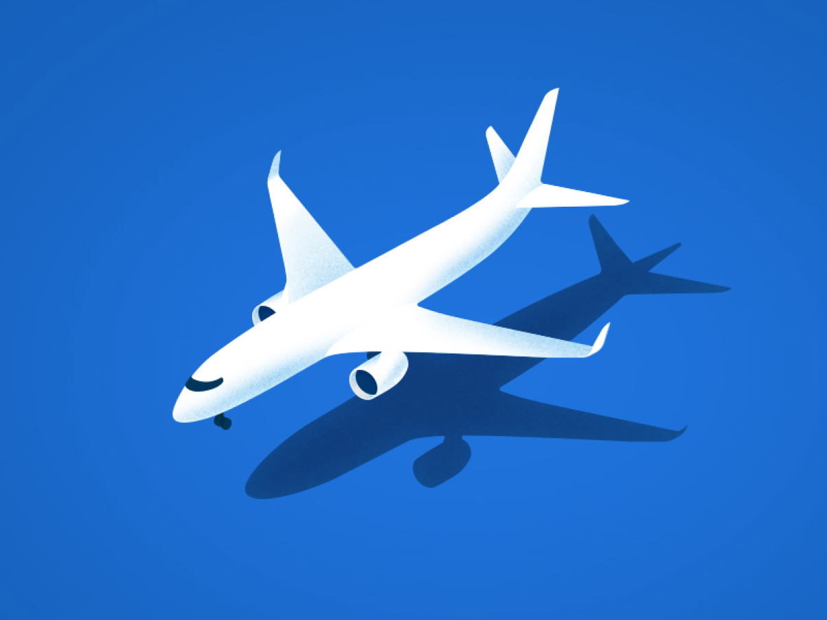 Landing airplane with shadow in 3D isometric view