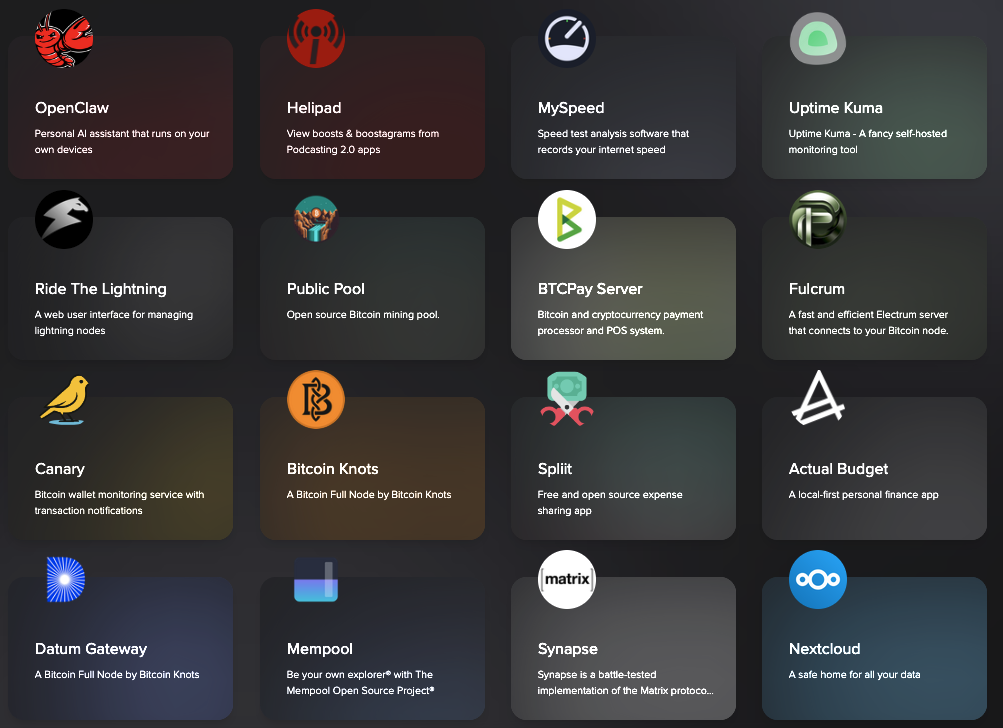 50+ one-click services on StartOS: from Bitcoin Core to Nextcloud to local AI. No terminal required.