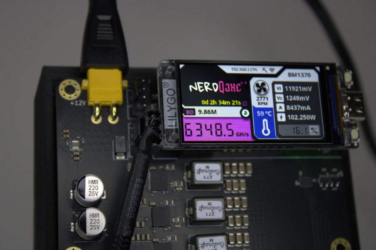 Live run on NerdQaxe++ Rev6: 6.35 TH per second at 102 W, 59 C core temp, and fan near 2.7k RPM