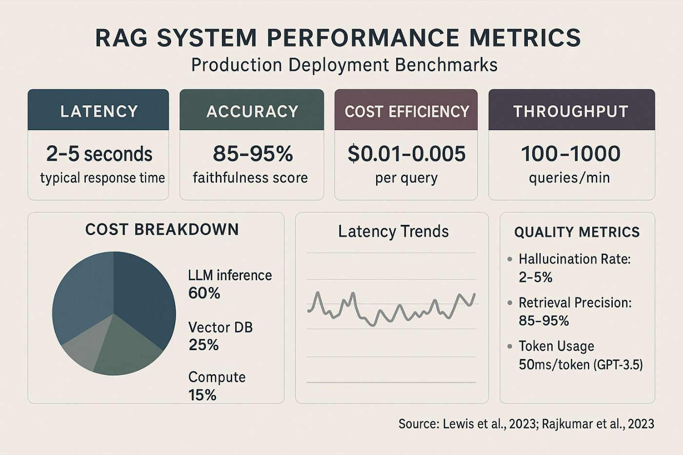 Figure 5: Production deployment benchmarks showing realistic performance metrics from actual RAG system deployments.
