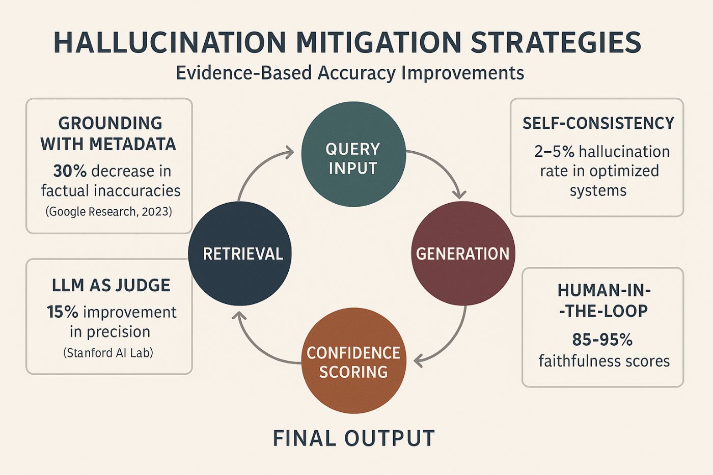 Figure 3: Evidence-based hallucination mitigation strategies with empirically validated accuracy improvements.