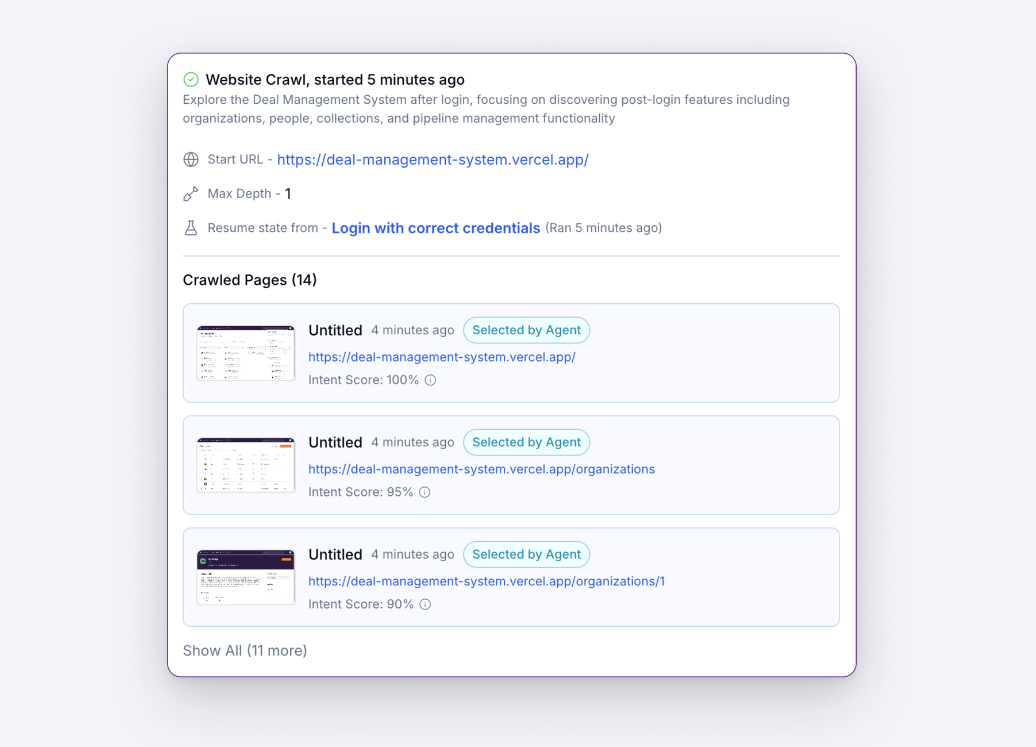 QA.tech agent crawling a web app with intent scores before tests run