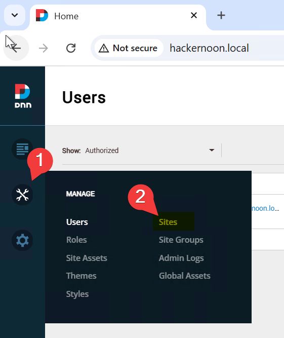 Sites menu in DNN platform