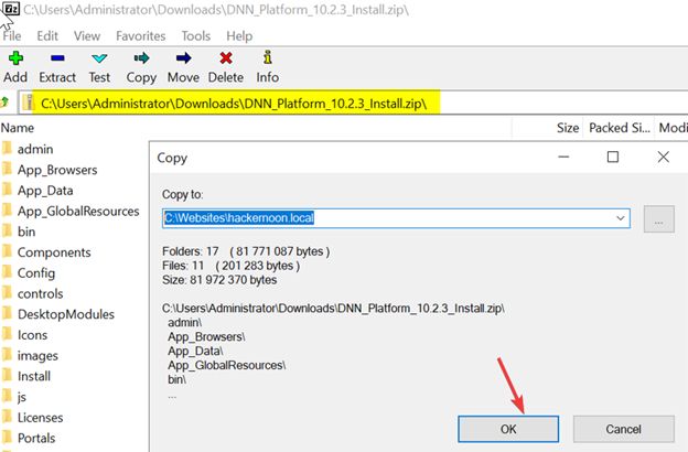 Extract the DNN Platform installation files to the target directory