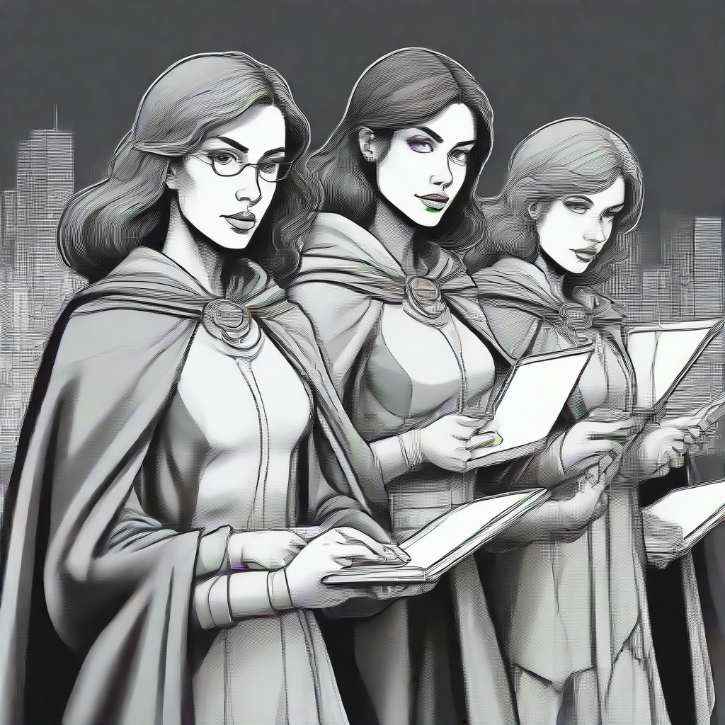 Women holding laptops and wearing capes, render in comics style