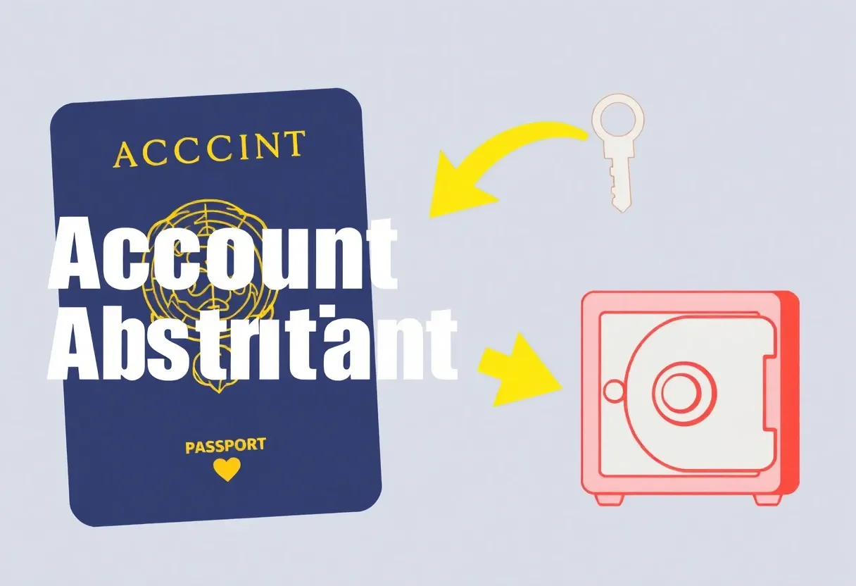 words "Account Abstraction" appear over a passport, with an arrow pointing towards a key and a safe. in simple svg clip art style