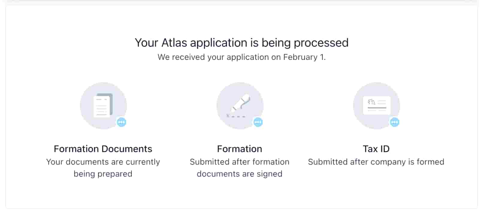 Stripe Atlas application progress in the Dashboard