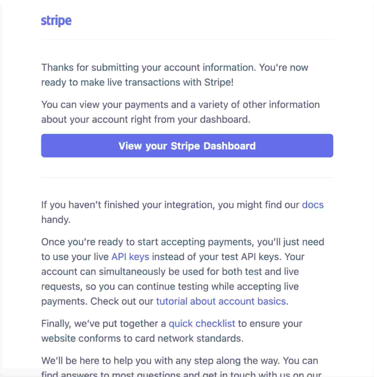 Stripe email stating all set for payments in live mode
