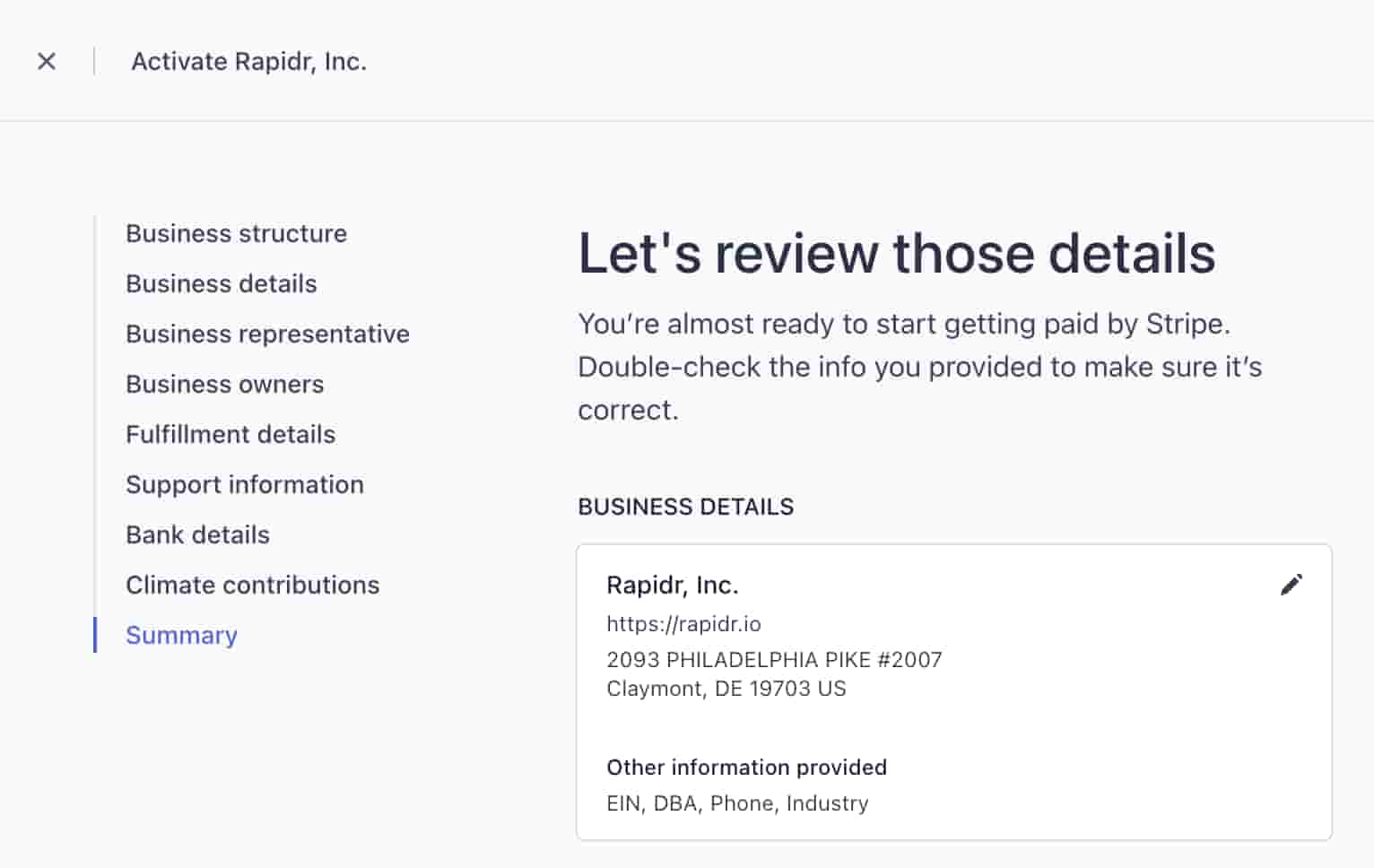 Stripe Atlas dashboard to confirm your business details