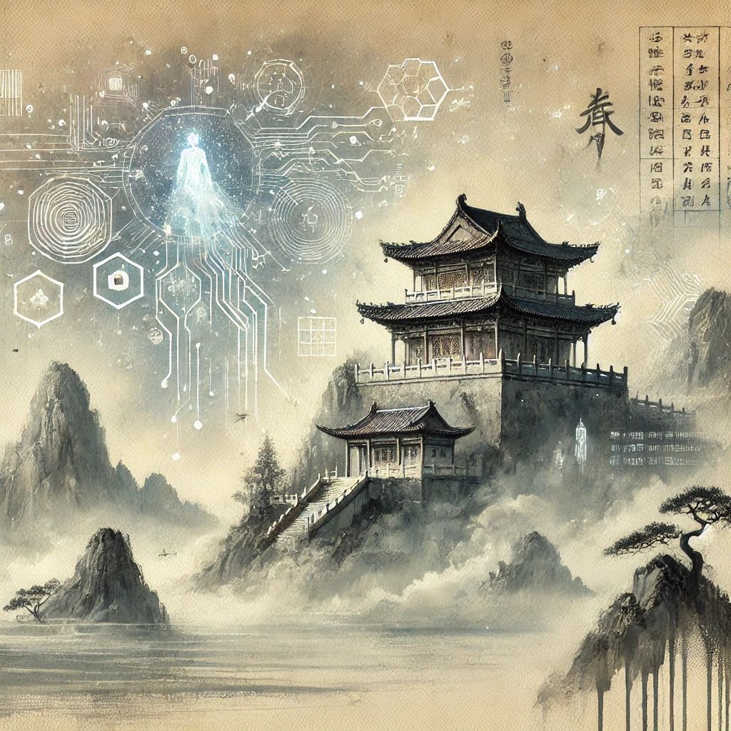  The traditional Chinese fortress symbolizes the honeypot, and the subtle, futuristic elements are blended with flowing ink and watercolor strokes, giving it a harmonious mix of classical art and modern cybersecurity themes.