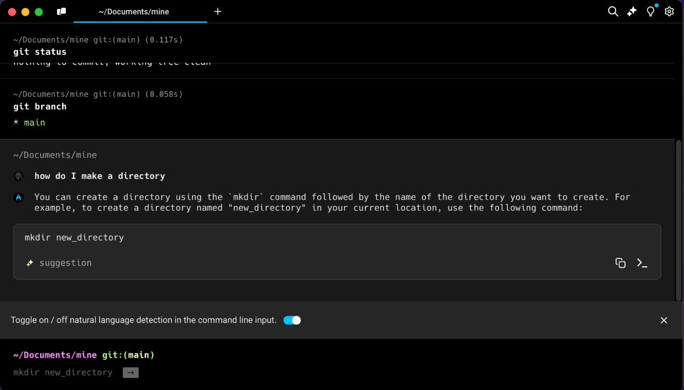 Thrown a question on how to make a directoy in warp terminal