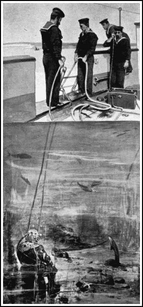 THE DIVER AT WORK
Note the telephone attachment, the wires of which are embedded in the life-line held by the bluejacket on the left. By means of the telephone the diver can give and receive full instructions about his work.