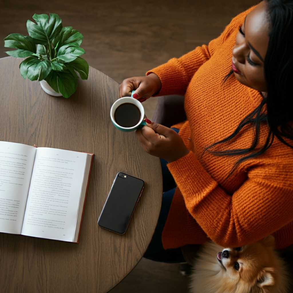 Overhead angle shot of a a Nigerian woman sitting in a coffee shop with a Pomeranian