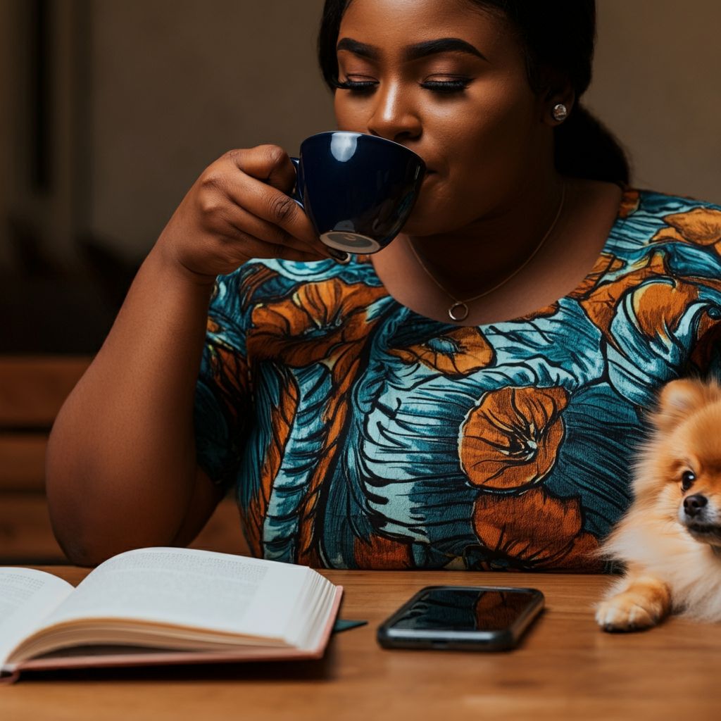 Close-up shot of a a Nigerian woman sitting in a coffee shop with a Pomeranian