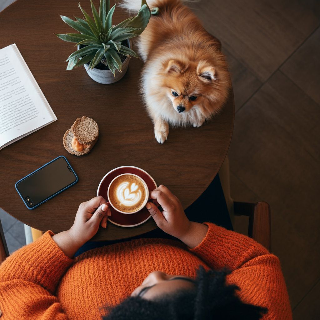 Bird’s-eye view of a a Nigerian woman sitting in a coffee shop with a Pomeranian