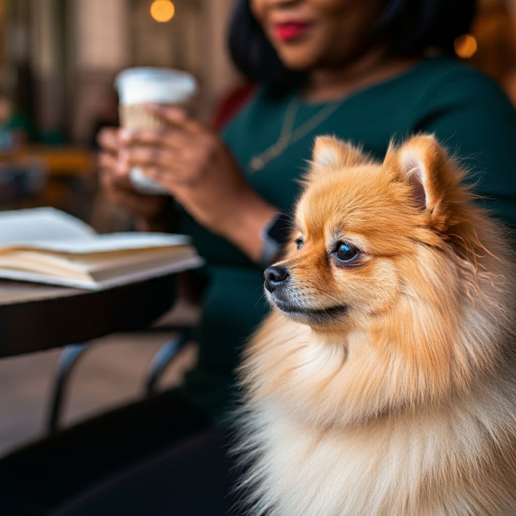 Close-up shot of a a Nigerian woman sitting in a coffee shop with a Pomeranian