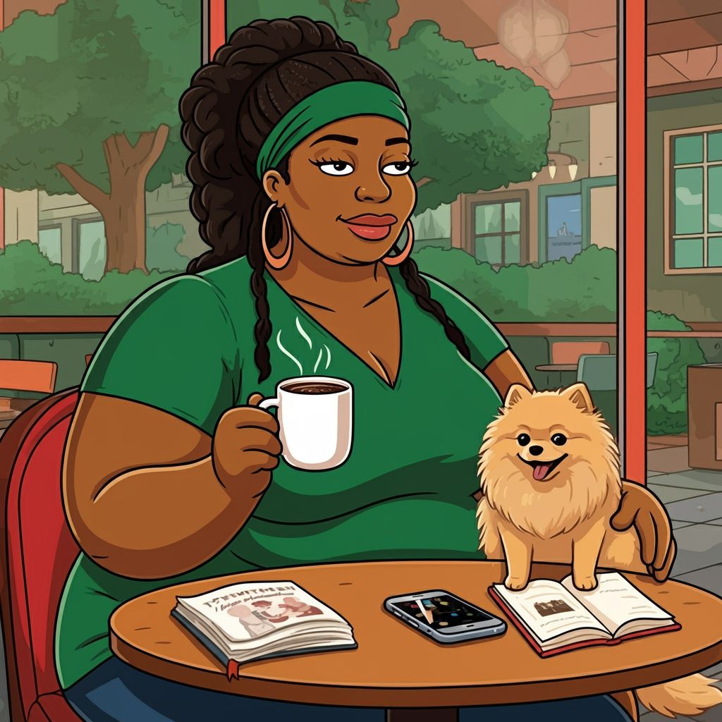 ImageFX Simpson animated prompt of a a Nigerian woman sitting in a coffee shop with a Pomeranian