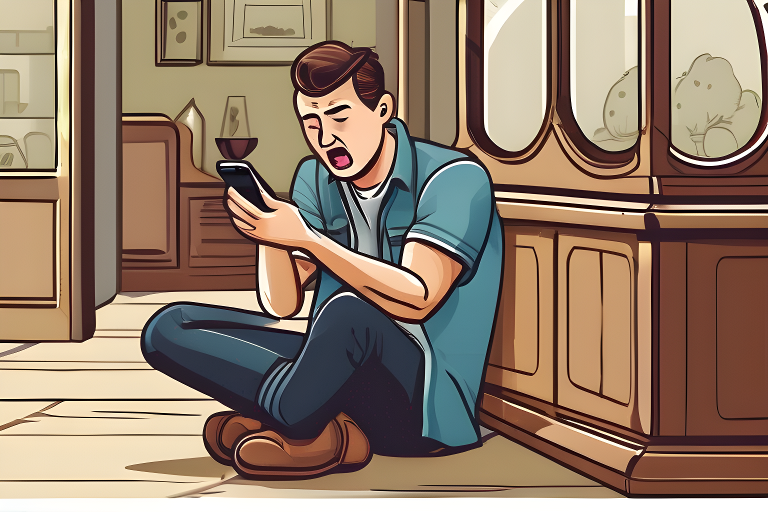 Young man crying and staring at a smartphone. award-winning, professional, highly detailed