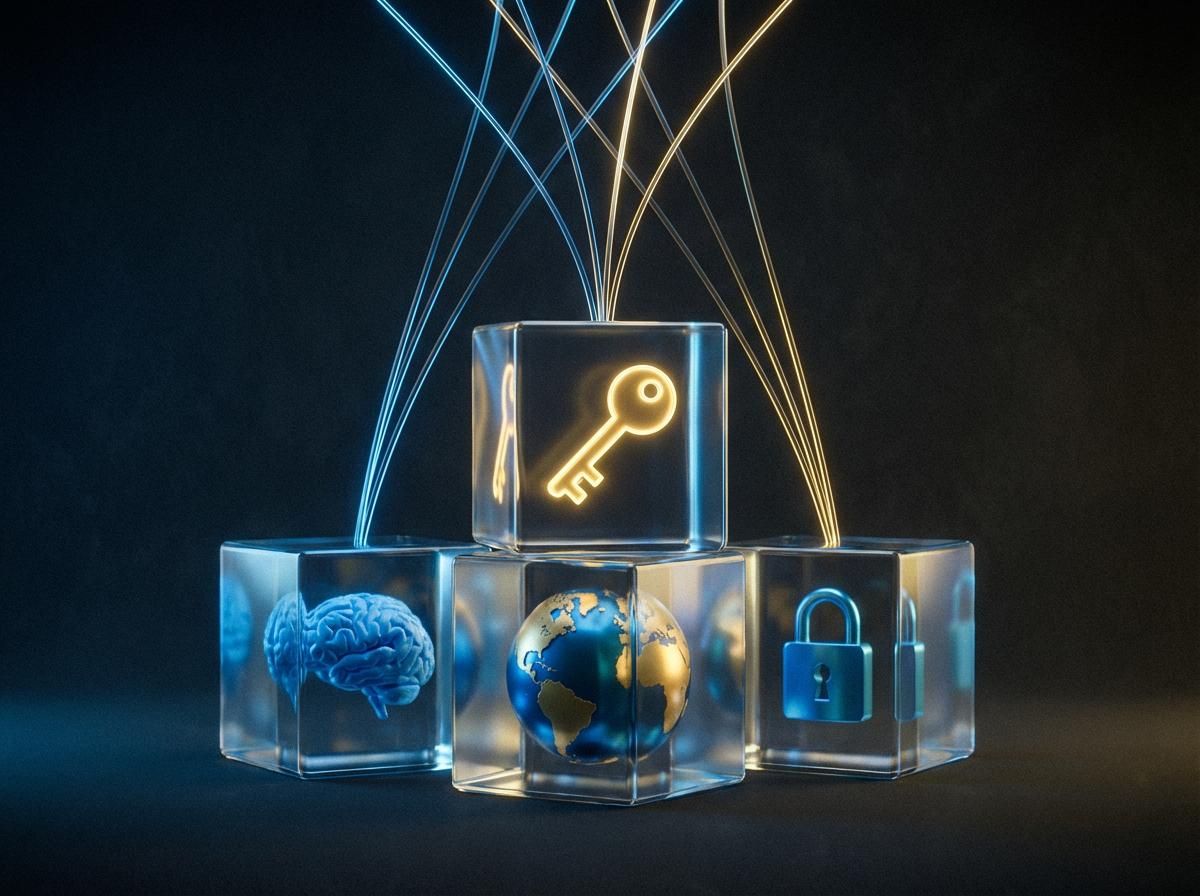 Four translucent glass cubes in a pyramid formation connected by beams of light, each containing a glowing symbol representing different tiers of a memory system, dark background with blue and gold lighting