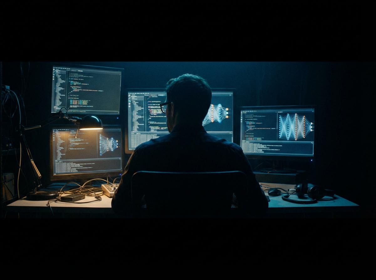 Person sitting at a desk in a dark room illuminated by multiple glowing monitor screens showing code and neural network visualizations, cinematic blue and amber lighting, shot from behind