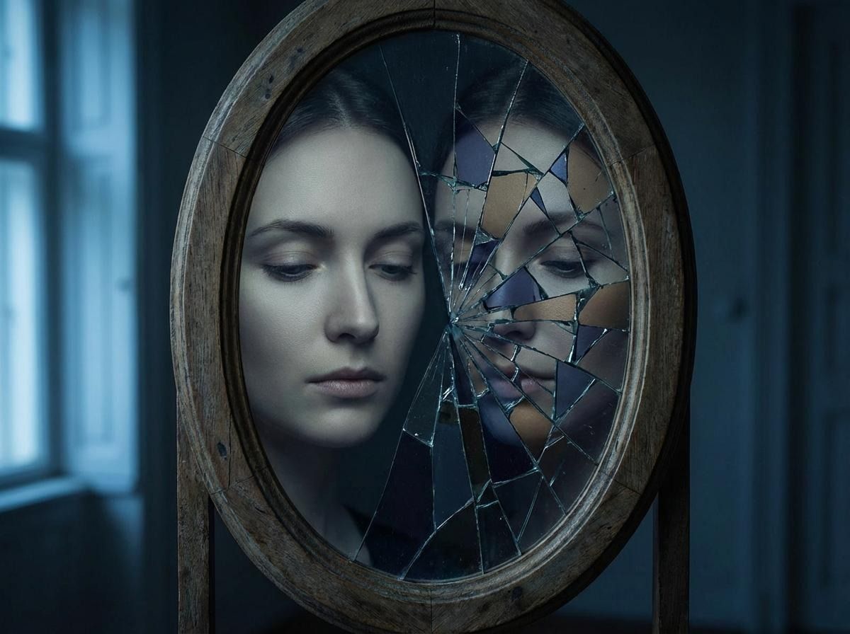 A cracked mirror with one half showing a perfect reflection and the other half fragmenting the image into geometric patterns, moody lighting with subtle blue highlights representing system failures and degradation