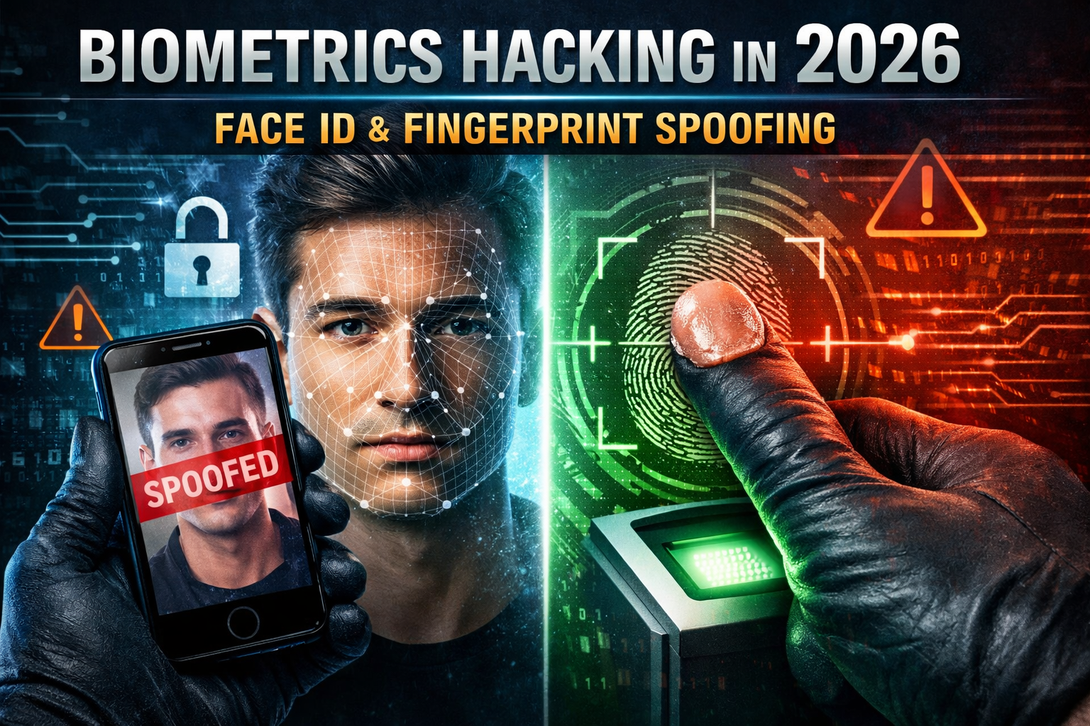 Illustration showing biometrics hacking in 2026, with Face ID spoofing and fingerprint authentication being hacked