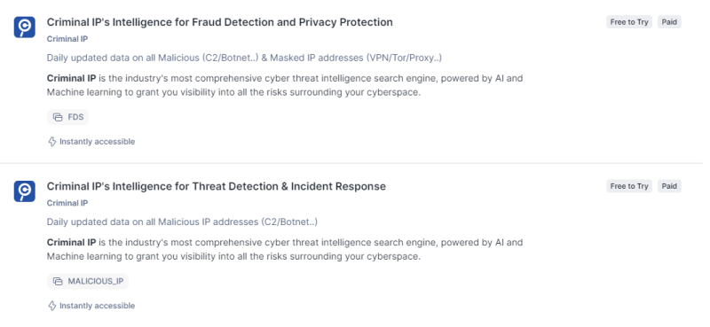 <Image caption: Criminal IP's Intelligence Listings on Snowflake Marketplace >