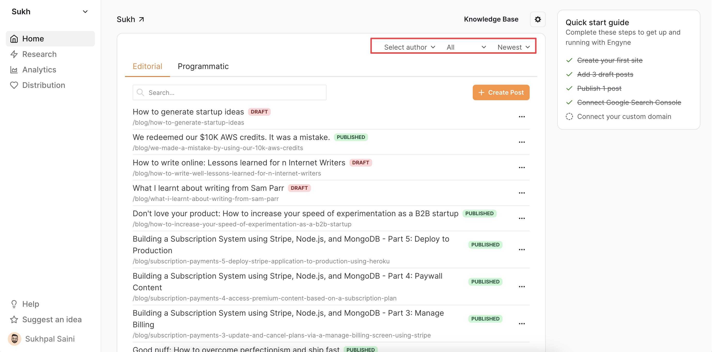 Engyne dashboard showing user pref settings